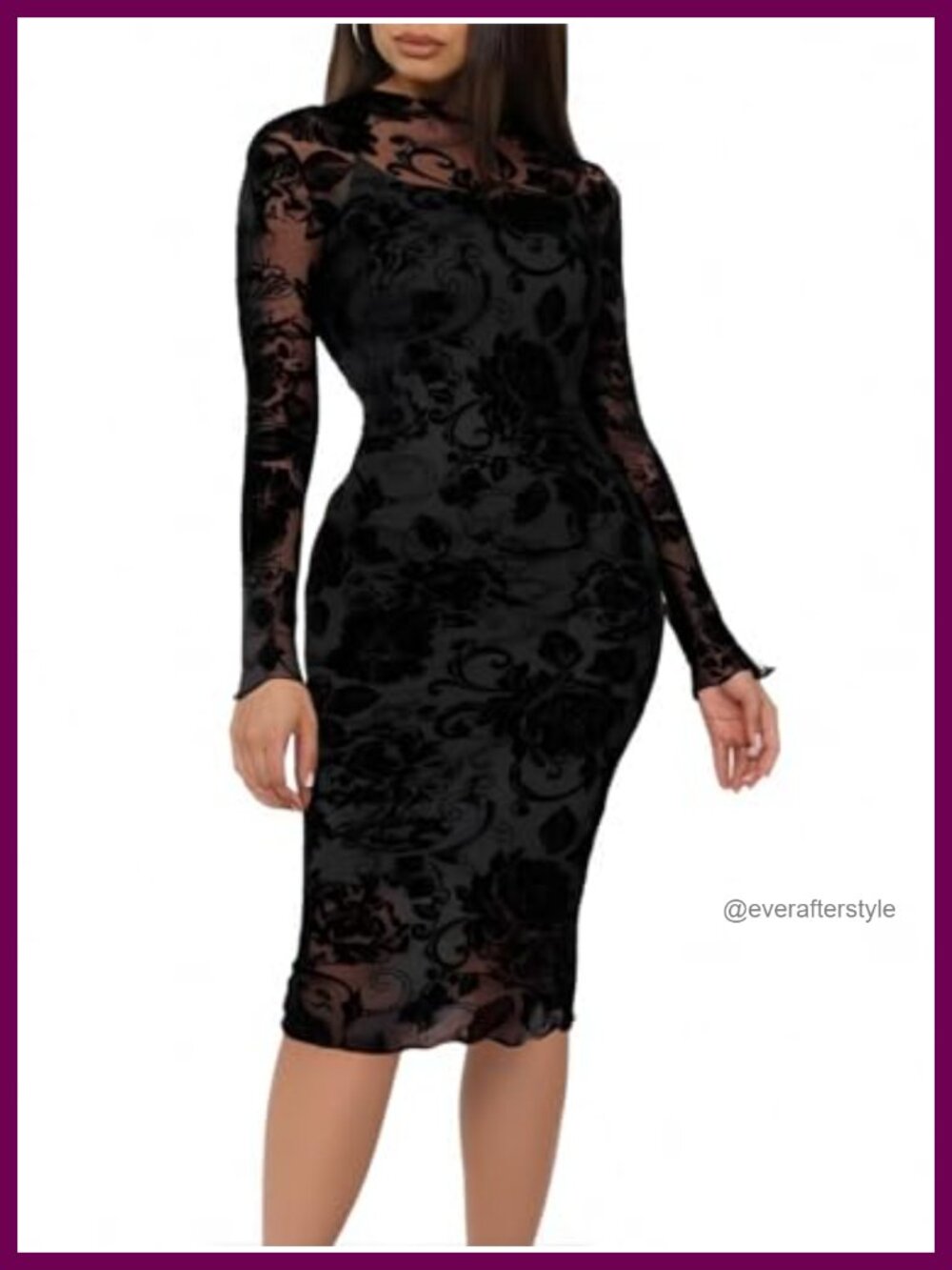 Women's Sheer Mesh Bodycon Midi Dress Set Long Sleeve Mock Neck
